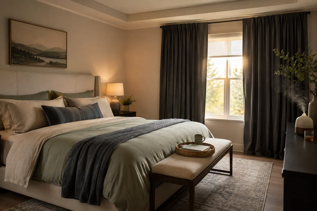 Calm, dark bedroom set up for sleep with warm lamp light, diffuser, and blackout curtains
