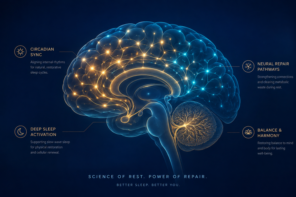 Diagram of the brain showing circadian sync, deep sleep activation, neural repair pathways, and balance and harmony during rest